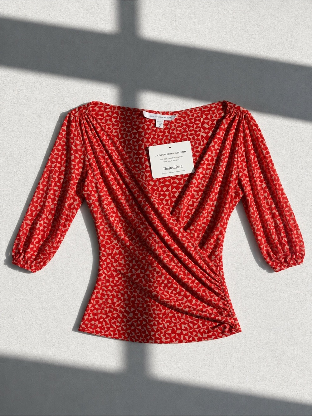Diane Von Furstenberg Red Geometric Wrap Top with Puff Sleeves